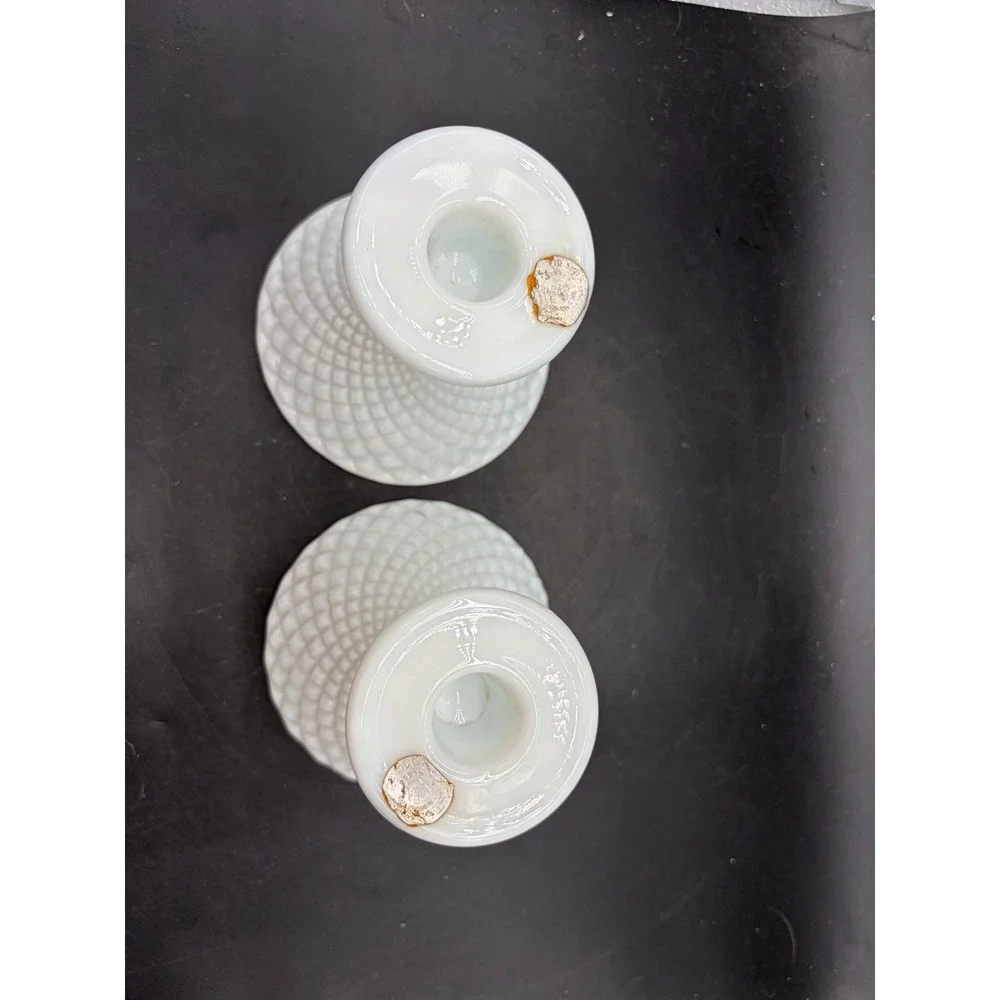 Westmoreland Milk Glass English Hobnail Candlestick Holders Set of 2 White Vntg
